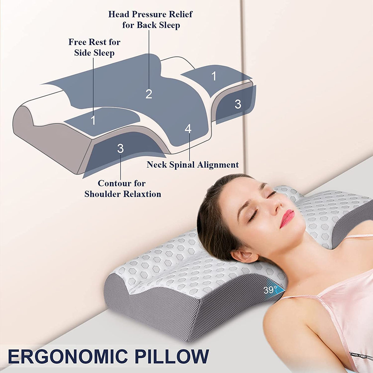 Cooling Cervical Pillow for Neck Pain Relief, Contour Memory Foam Pillow  for Sleeping, Ergonomic Orthopedic Neck Support Pillow for Side,Back 